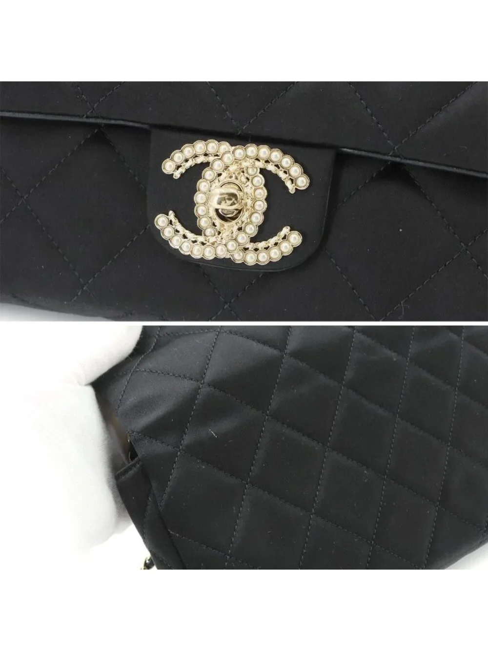 Chanel Quilted Shoulder Bag Satin Pearl Black Gold